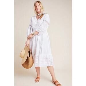 Anthropologie Ebba Eyelet Midi Dress Size 14 White Lace Crochet Sundress Cotton